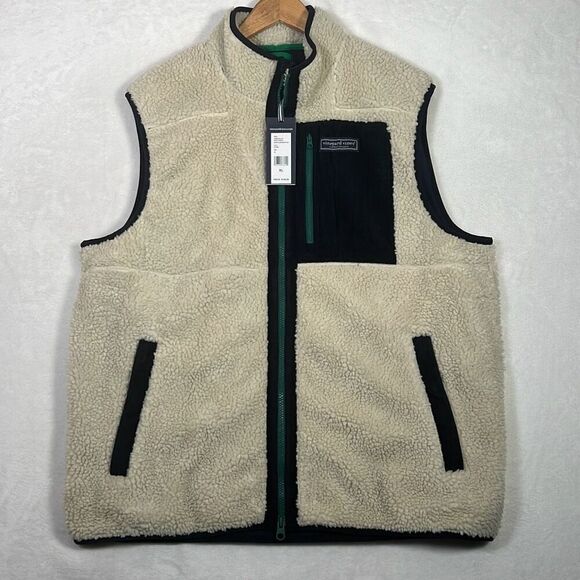 Vineyard Vines Vest Sherpa Fleece Deep Pile Stone Full Zip NWT Men Size‎ XL - Picture 1 of 10